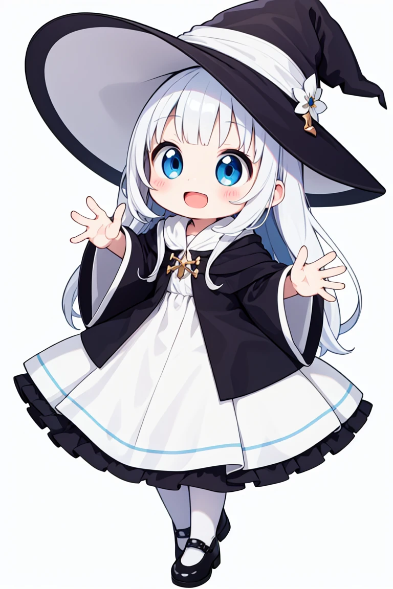 chibi, flat color, solo, full body, (five fingers), cute, (highest quality), blue eye, long hair, white hair, wavy hair, white wizard frilled dress, witch hat, Beam with laughter, open mouth, looks fun, ((white background)), (masterpiece)
