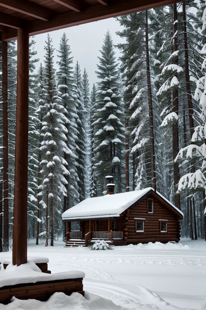 Secluded cabin in the woods with a snow storm mural