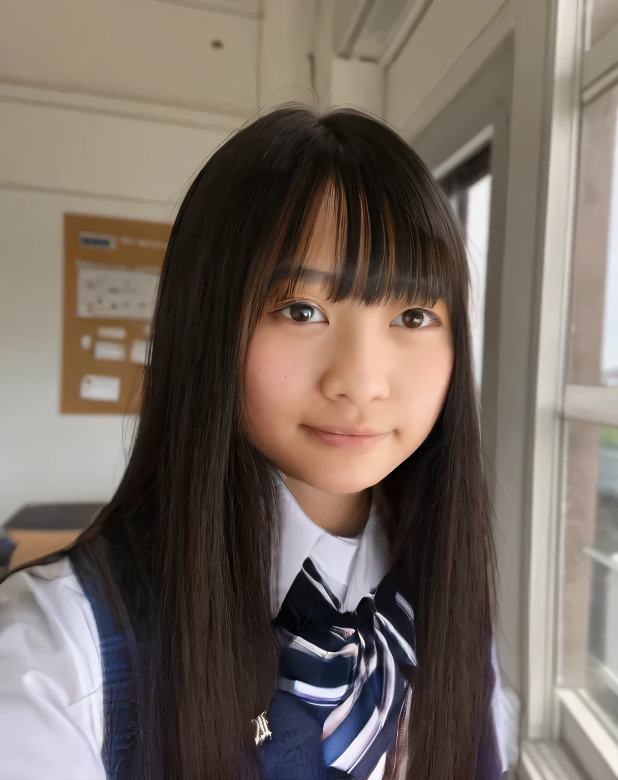 Highest quality,Super detailed,One high school girl,High school girl standing in a classroom,Standing by the window,Turn slightly to the side and look at me,She is wearing a short-sleeved white blouse,Posing for a photo
