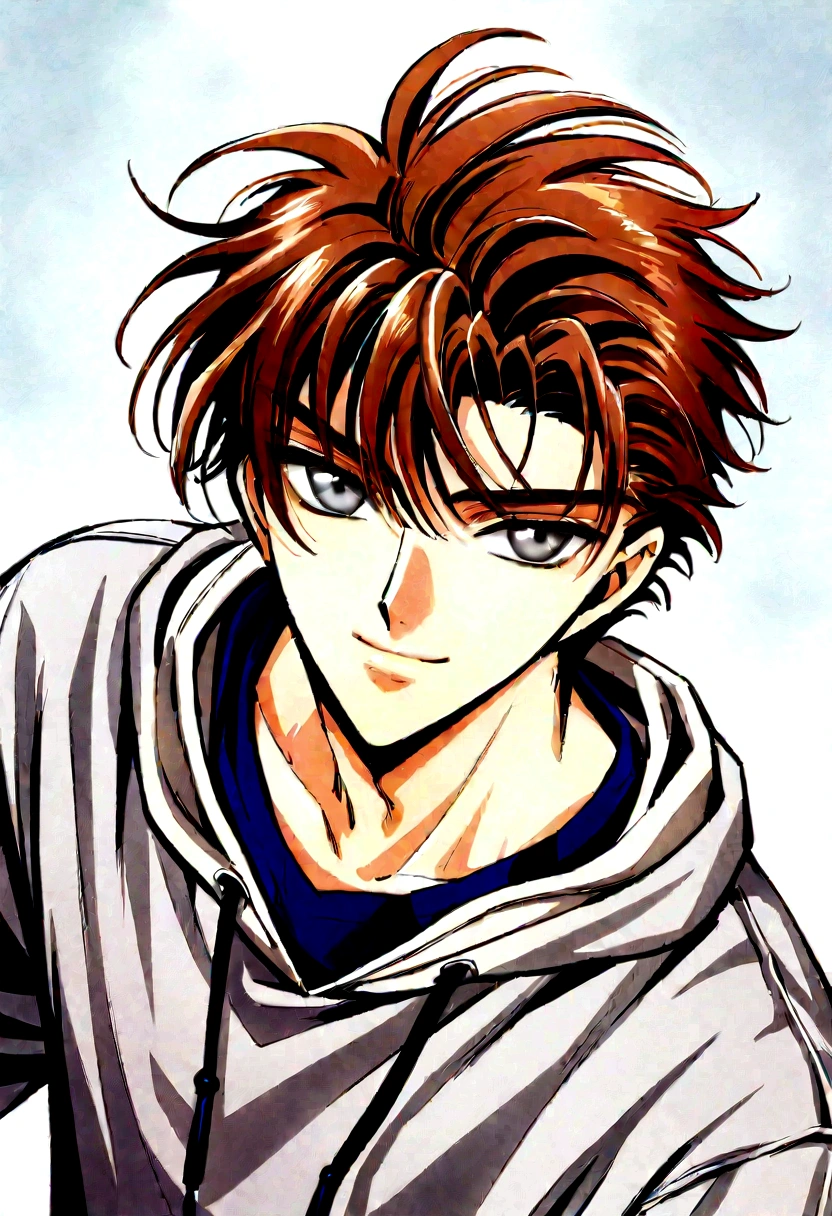 Masterpiece, best quality, 1boy, 16, male focus, male, dark orange hair, manbun, grey eyes, male eyes, grey corduroy hoodie, white t-shirt, blue jeans, deep blue necklace, upper body, relaxed, looking at viewer, relaxed smile, very aesthetic,