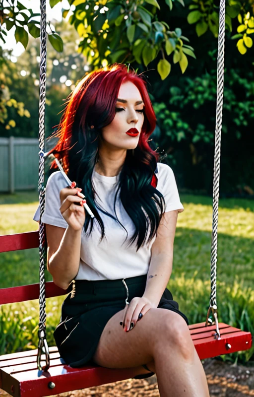 A girl with black hair with red locks, sitting on a swing, smoking a cigarette