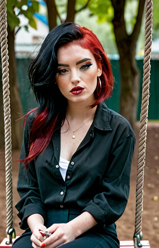 A girl with black hair with red locks, sitting on a swing, smoking a cigarette