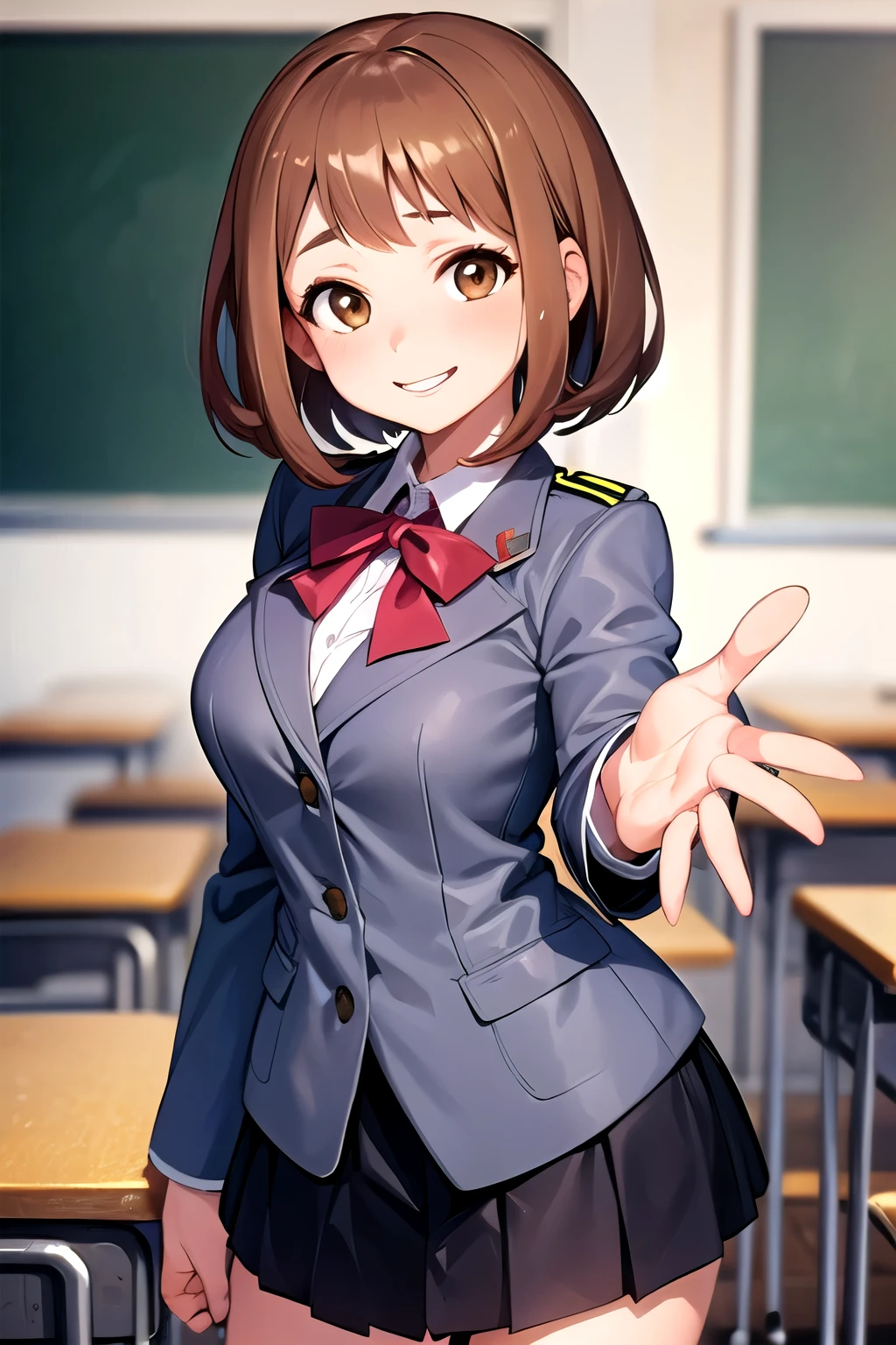 1girl, ochako uraraka, brown eyes, uniform, gray jacket, skirt, classroom, detailed fingers, smiling, standing