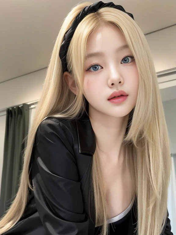 a closeup of a woman with long blonde hair wearing a black jacket, korean girl, beautiful south korean woman, gorgeous young korean woman, lalisa manobal, beautiful young korean woman, young and adorable korean face, beautiful Asian girl, pale korean adorable face, long blonde hair and big eyes, korean woman, Asian girl, long blonde hair and big eyes