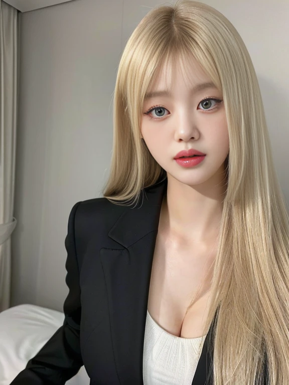 a closeup of a woman with long blonde hair wearing a black jacket, korean girl, beautiful south korean woman, gorgeous young korean woman, lalisa manobal, beautiful young korean woman, young and adorable korean face, beautiful Asian girl, pale korean adorable face, long blonde hair and big eyes, korean woman, Asian girl, long blonde hair and big eyes