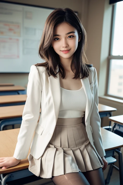 (a beautiful 20-year-old Chinese college girl, posing in college classroom setting, wearing a white blazer uniform, white pleated mini-skirt, black pantyhose, canvas shoes. She has a perfect body, ample round bosom, delicate skin, delicate and intricate facial features, large eyes, beautiful lips, dimpled smile, long eyelashes, short hair, pure, kind, innocent expression. high-quality, photorealistic, 8K RAW photograph, cinematic lighting, depth of field, lens flare effects, the Cowboy Shot. The overall tone is one of beauty, purity, and youthful desire.)