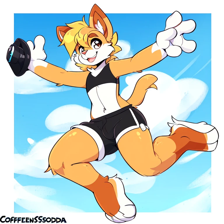 uploaded on e621, white female anthro cat, uploaded to e621, ((by teranen, by supercartoonist in devianart, by Dan Hassket, by Coffeesoda, by Supercartoonist, by Dan Hassket )), has thick thighs, wearing black swimming shorts, jumping like Mega man, high quality, crisp