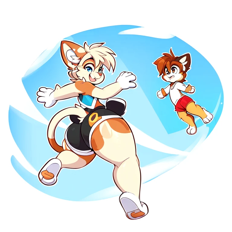 uploaded on e621, white female anthro cat, uploaded to e621, ((by teranen, by supercartoonist in devianart, by Dan Hassket, by Coffeesoda, by Supercartoonist, by Dan Hassket )), has thick thighs, wearing black swimming shorts, jumping like Mega man, high quality, crisp