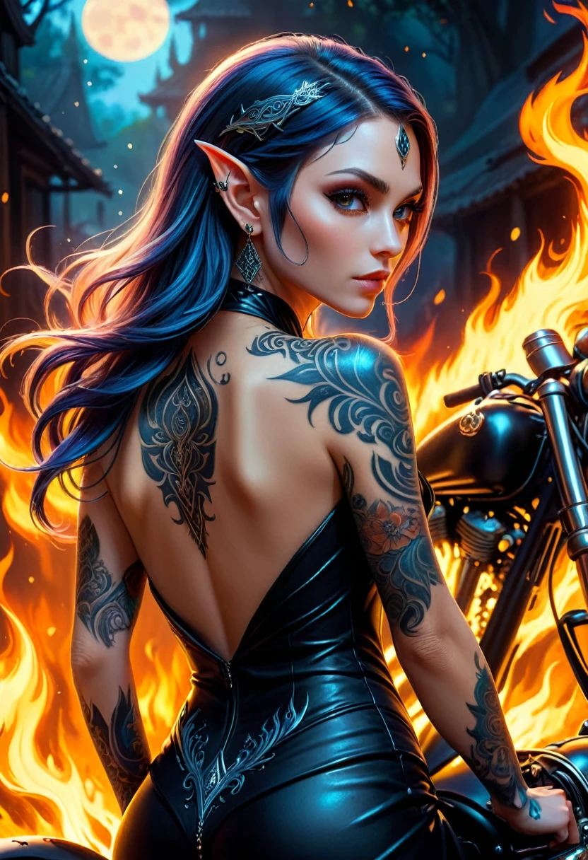 Arafed, Dark fantasy art, fantasy art, goth art, a picture of a of a tattooed female elf near her motorcycle (masterwork, best detailed, ultra detail: 1.5) the tattoo is vivid, intricate detailed coming to life from the ink to real life, GlowingRunesAI_paleblue, ((fire surrounds the motorcycle: 1.5)), ultra feminine, ((beautiful delicate face)), Ultra Detailed Face, small pointed ears, dynamic angle, ((the back is visible: 1.3), she wears a transparent black dress, the dress is elegant, flowing, elven style, that the tattoos glow, dynamic hair color, dynamic hair style, high details, best quality, 16k, [ultra detailed], masterpiece, best quality, (extremely detailed), dynamic angle, full body shot, faize, drkfntasy, Digital Painting, Intense gaze