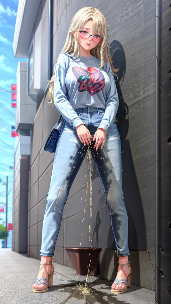 ((best quality, masterpiece:1.3, 8K)), (detailed), highly detailed face and skin texture, detailed eyes, downtown, full body, slender body, 1girl, 25 years old, white skin, blue eyes, worried, embarrassed, long hair, (forehead:0.8), (stylish top:1.2), denim pants, blue jeans, footwear, peeing jeans, peeing pants, pee stain, (wetting herself), desperation,