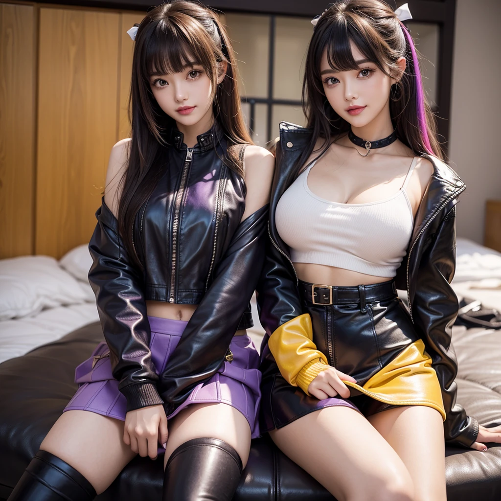 bangs down,beautiful girl,Purple Leather Jacket,future fashion,Absurd,Maid clotheasterpiece,perfect face,perfect breasts,long hair,Outstanding style,stimulating,Cute outfits,Horny girl,double eyelid,Naughty Girls,Erotic and cute,mini skirt,ribbon on uniform,colorful hair color,yellow eyes,leather jacket,horny girl,Knee-high boots, Colorful,multicoloured,future fashion,smile,,zipper bra,Multicolored clothing