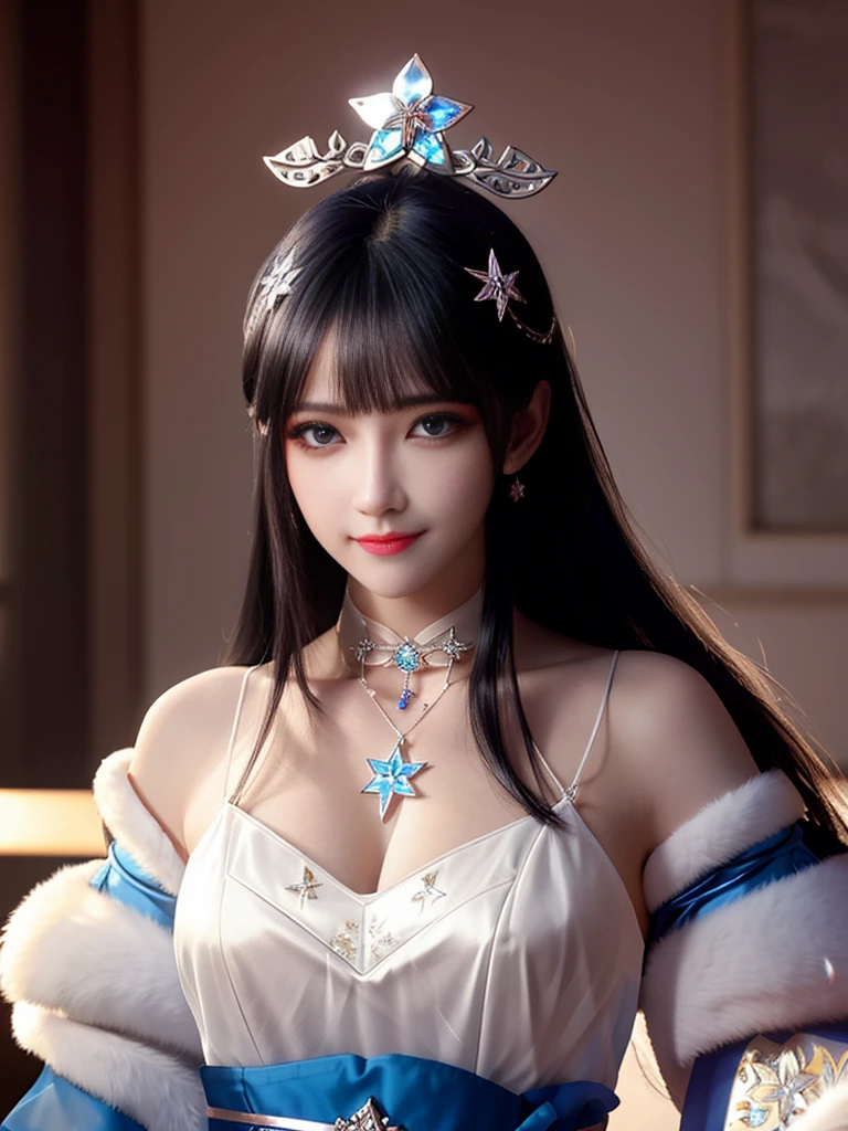 Absurd，unbelievably ridiculous，Huge file sizes，Super detailed，Jerez，Very detailed，The best quality at its best，masterpiece，figure，Very delicate and beautiful，Very detailed，CG，solidarity，8k wallpaper，Amazing，Finely delineated，masterpiece，The best quality at its best，Official Art，Highly detailed C Unity 8k wallpapers，One girl，solo，Black Hair，blue eyes，Long Hair，Hair Over One Eye，Shut your mouth.，Star Symbol，jewelry，Floating Hair，hair ornaments，With bangs，Upper body，It is clear at a glance，Sports Late，Shine，Choker Necklace，eyelash，Big Chest，There is a deep crack，A bright light shines in my heart，The cleavage of her breasts is revealed、Very delicate and beautiful，Delicate clavicle，Beautiful Makeup，Exquisite and perfect features，Photon Mapping， Radio City， Physically Based Rendering， Above the waist、Dark Background