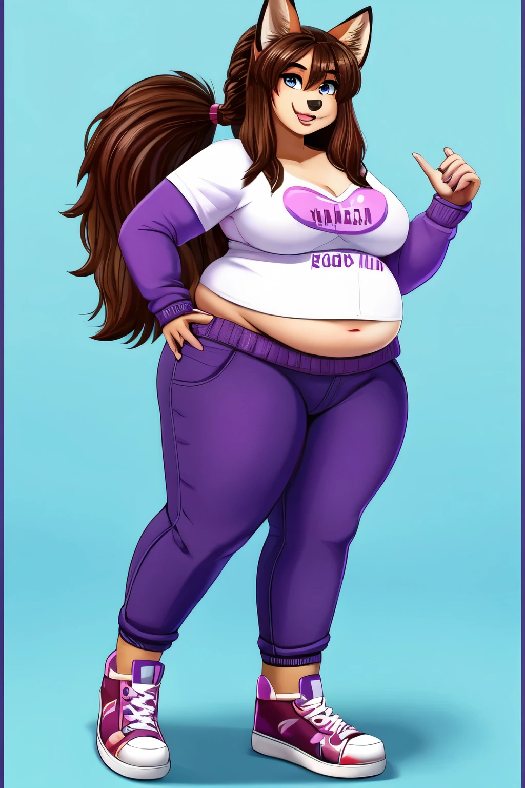 1 fox girl,furry, chubby girl, round belly, Thicc, sexy, all purple fur with dark purple border, trans girl, very fat, brown hair, hair with a braid and a ponytail, casual and sexy clothing, teen girl clothes, cottagecore clothing, sexy clothes, provocative clothing, clothes for big ass, colorful clothes, cottagecore shoes, all purple fur,
(body of a 22 year old girl)