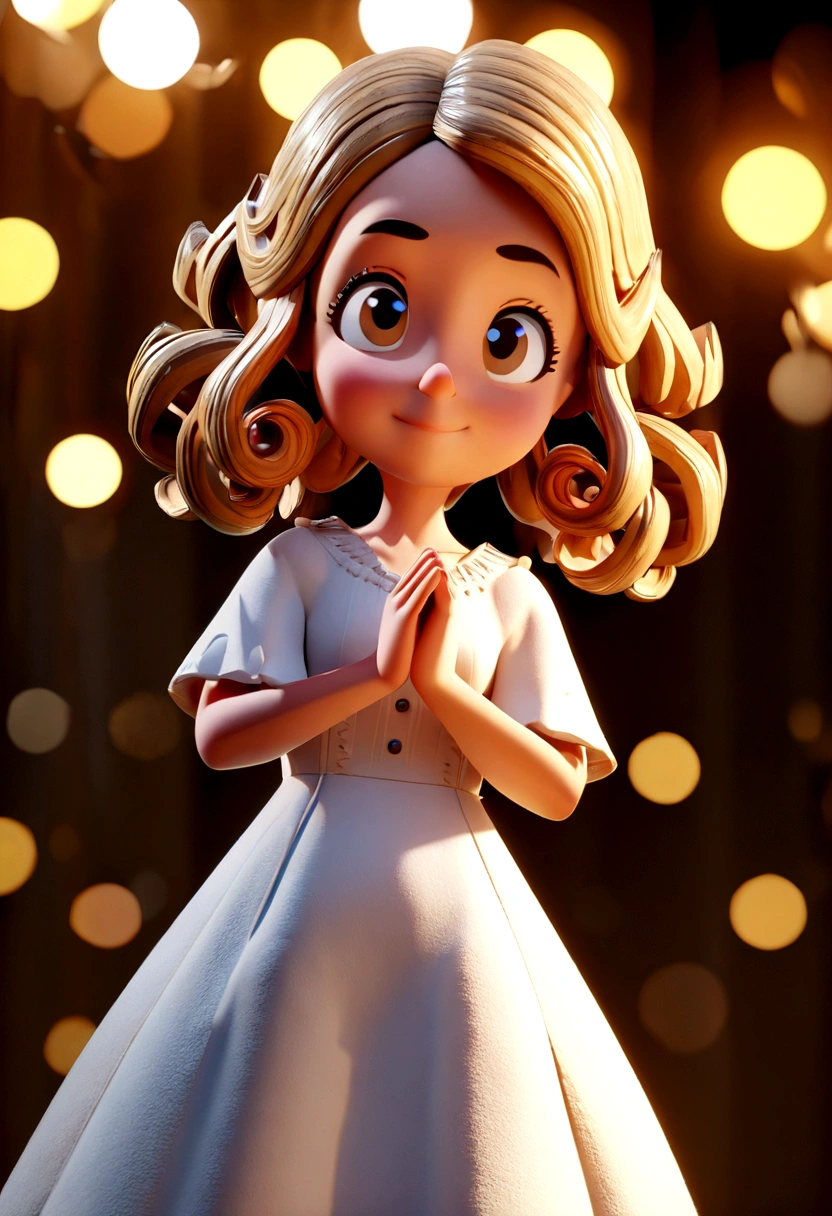 Cartoon character of a woman with blond curly hair praying at night and a man with white long dress and long dark brown hair taking care of her, animation character, Stylized character, animation style rendering, 3D stylized, Arnold Maya render, 3 stylized d render, toon render keyshot, 3D Character, 3D Character, stylized 3d render, 3 d character render, cartoon character, Close up character, Character pose, (Pixar Style) (master part:1.2) (Bokeh) (best quality) (detailed skin) (detailed texture) (8k) (clay) (Cinematic lighting) (sharp focus