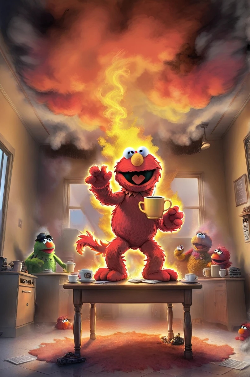 (masterpiece, Highest quality, 2D illustration, 2D, Best of Art Station),(1 Elmo The Muppets, The Muppets, Elmo, Red fur:1.1), sitting behind a desk, Elmo as a programmer, Soft and round yellow, A computer screen with many errors, Mac Pro Computer, (Everything is on fire, Coffee cup on fire,The room is on fire, Background confusion, Thick smoke gathering on the ceiling,Huge Flame:1.2), Elmo is holding his flaming coffee cup with two hands, (Hairy arms:1.3)