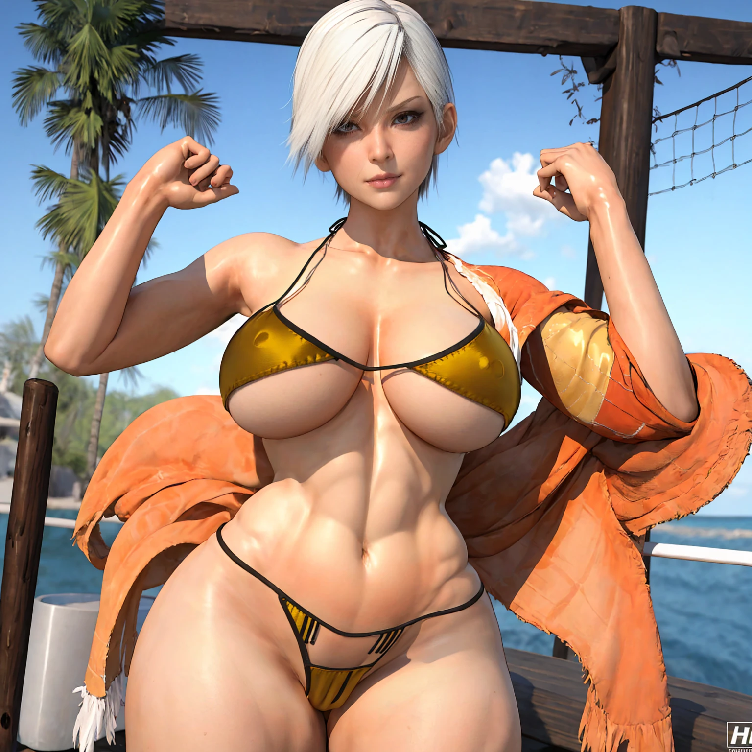 uploaded on e621, explicit content, 3d, (bastika, cutesexyrobutts, hioshiru), female, solo, christie2, beach setting, volley, (snake bikini:1.2), large breasts, natural breasts, milf, standing, three quarters portrait, closeup,