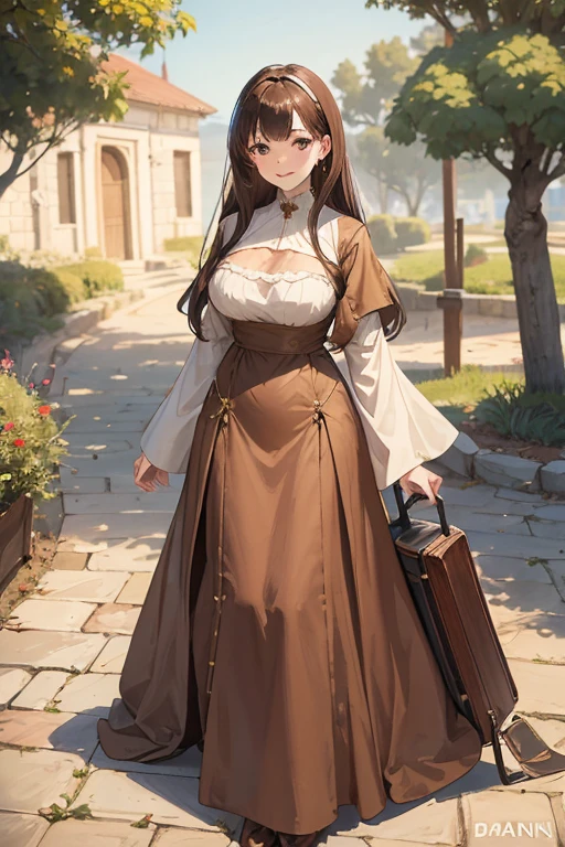A straight haired brunette adult female standing on the ground, wearing loose brown dress with bishop sleeves, low neckline, medieval, brown hair, large long shaped tits, silly personalty, cute happy demeanor, sunny disposition, deredere,