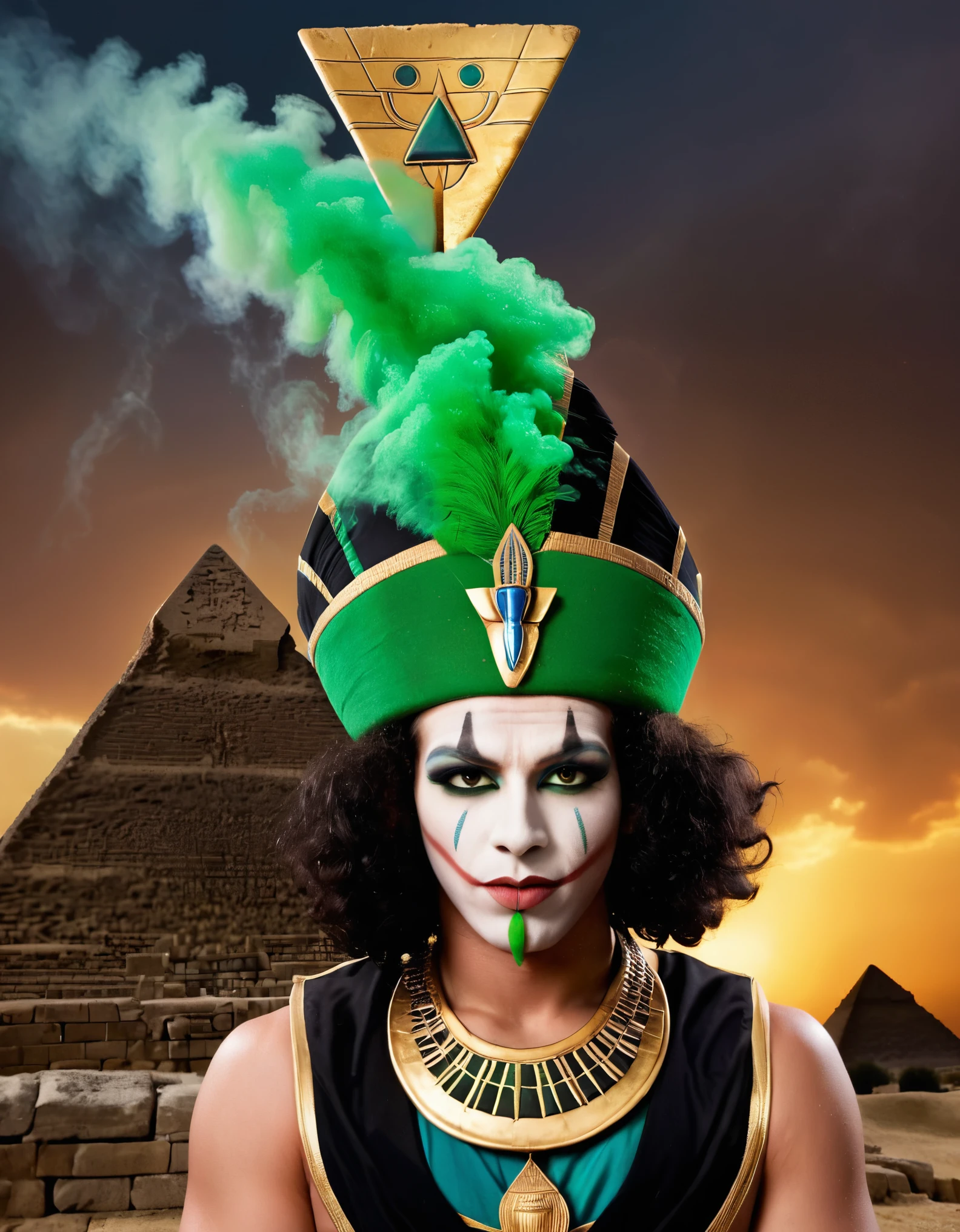 An Egyptian-themed clown with mummy-like makeup, green ancient smoke rising from his face, and pharaoh attire. The background is a dark, ancient pyramid.
