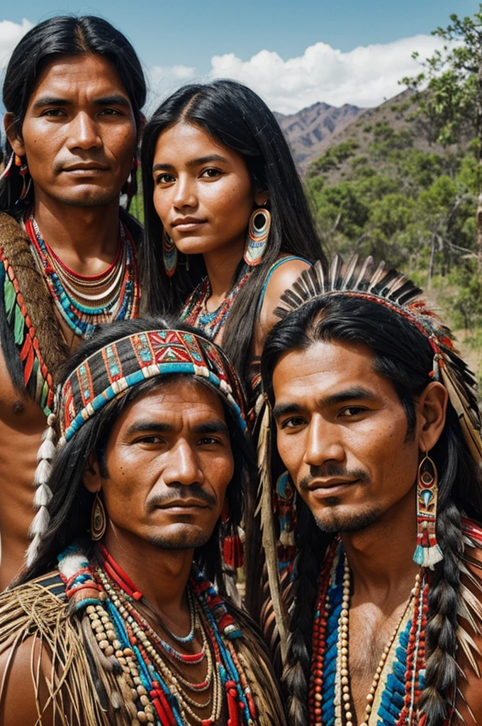 Drawing of an indigenous tribe chief with his beautiful daughter and men in love with her in the background