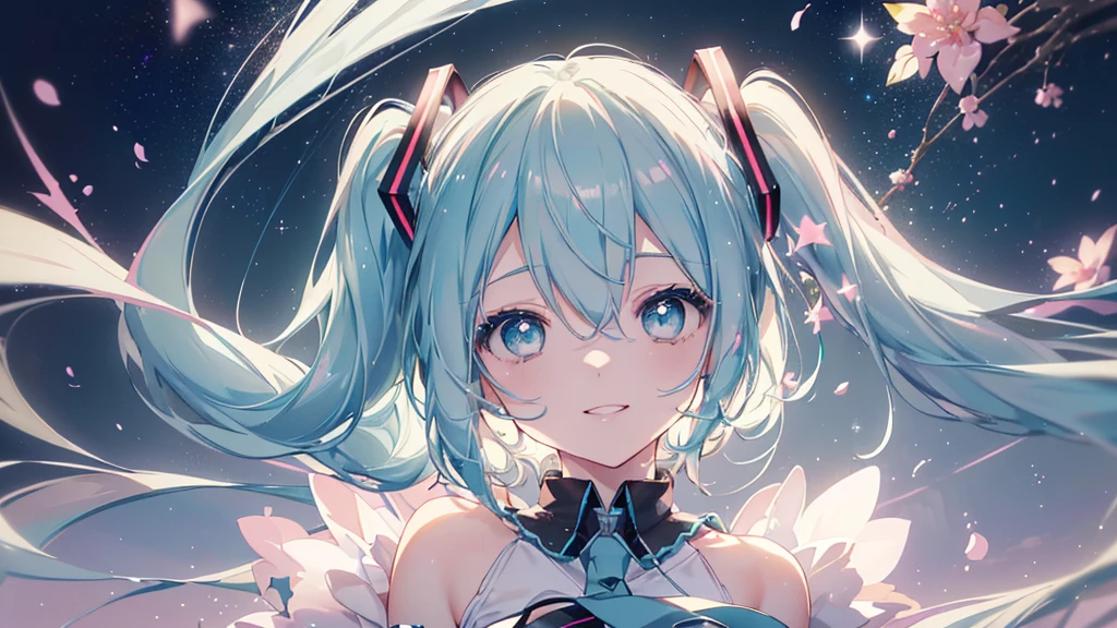 (Starry Sky), ((Beautiful eyes)), (((Hatsune Miku,The best smile))), (((Highest quality、masterpiece、Ultra-fine、Ultra-fine、Exquisite、16K、Full HD,))) 、Dark Eyes、Long eyelashes、White skin、(Pale pink lips、Pale pink cheeks、thin and long)、 ((cute)) ((One person)) 、(epic proportion)、Dynamic lighting、、Zoom out