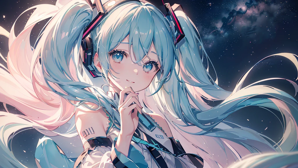 (Starry Sky), ((Beautiful eyes)), (((Hatsune Miku,The best smile))), (((Highest quality、masterpiece、Ultra-fine、Ultra-fine、Exquisite、16K、Full HD,))) 、Dark Eyes、Long eyelashes、White skin、(Pale pink lips、Pale pink cheeks、thin and long)、 ((cute)) ((One person)) 、(epic proportion)、Dynamic lighting、、Zoom out