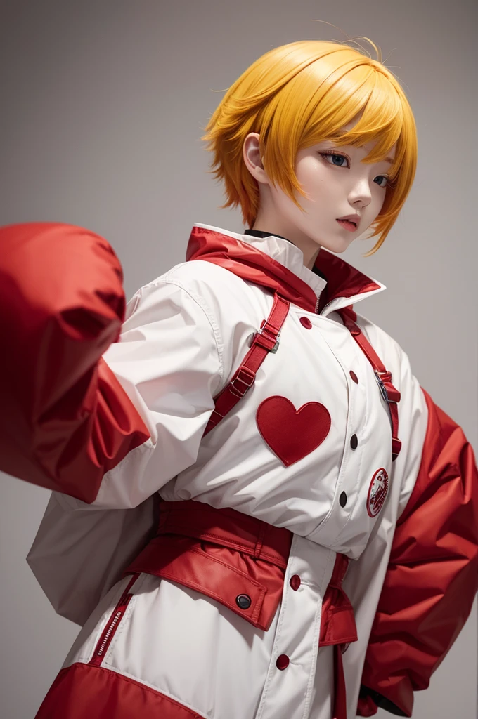 A red character in white clothes with a red heart and yellow hair
