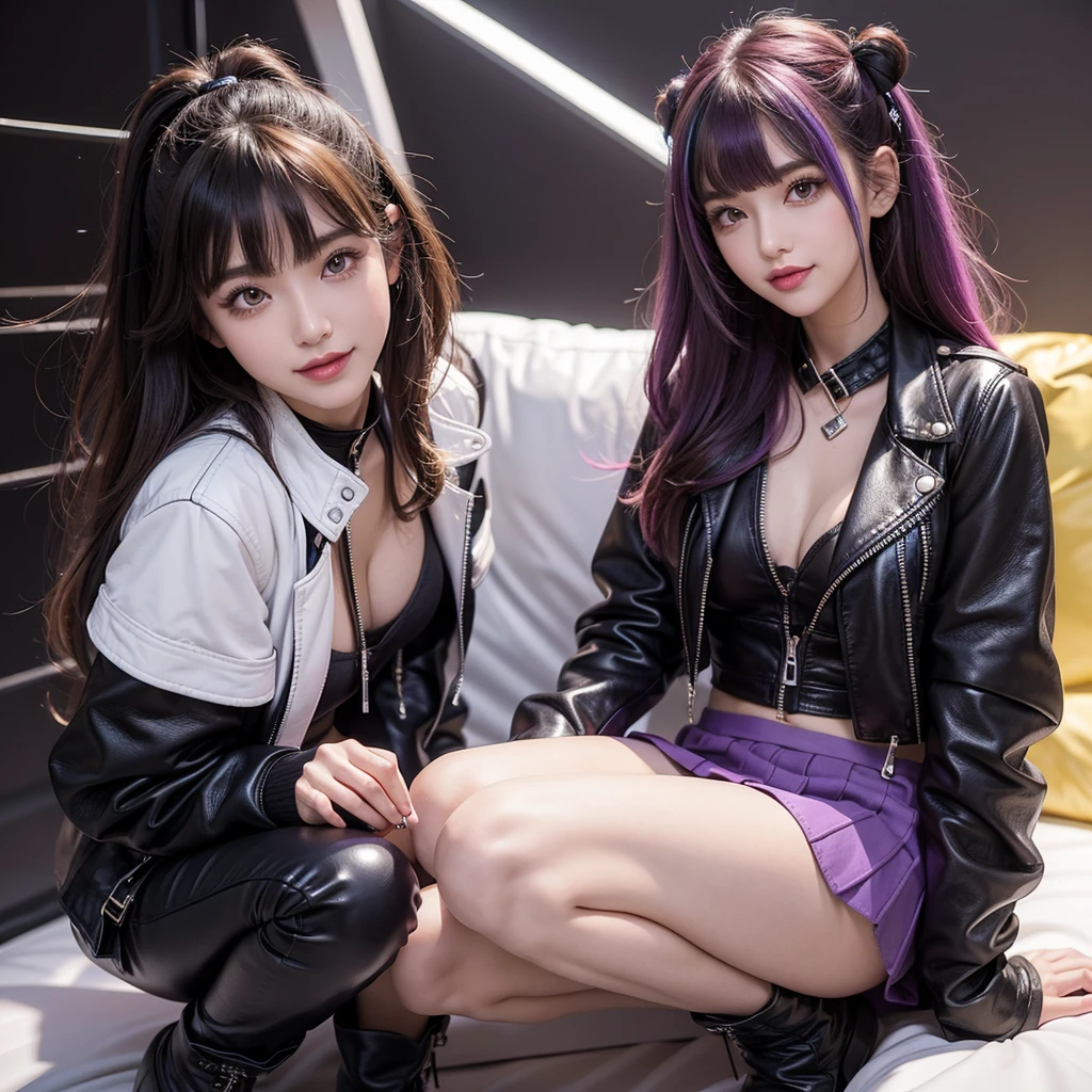 bangs down,beautiful girl,Purple Leather Jacket,future fashion,Absurd,Maid clotheasterpiece,perfect face,perfect breasts,long hair,Outstanding style,stimulating,Cute outfits,Horny girl,double eyelid,Naughty Girls,Erotic and cute,mini skirt,ribbon on uniform,colorful hair color,yellow eyes,leather jacket,horny girl,Knee-high boots, Colorful,multicoloured,future fashion,smile,,zipper bra,Multicolored clothing