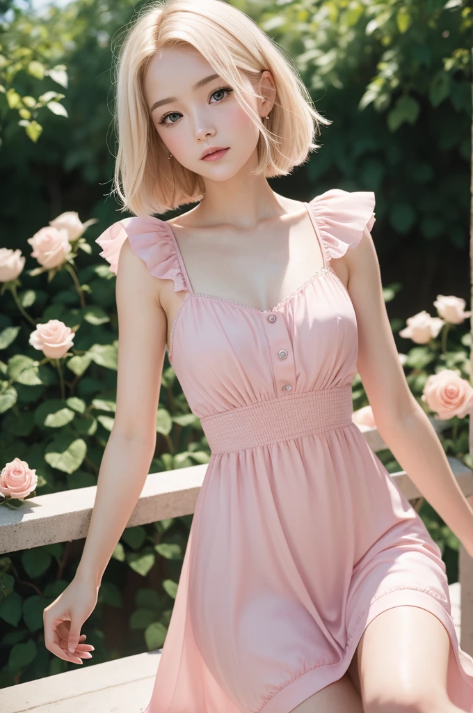 8K, CRU photo, Fujifilm, style photo of a beautiful young woman like Avril in a light pink rose garden (highly detailed skin: 1.2) Style-Petal BREAK short hair, blonde hair with colored highlights, wearing a dress, film grain, 35mm, cute style