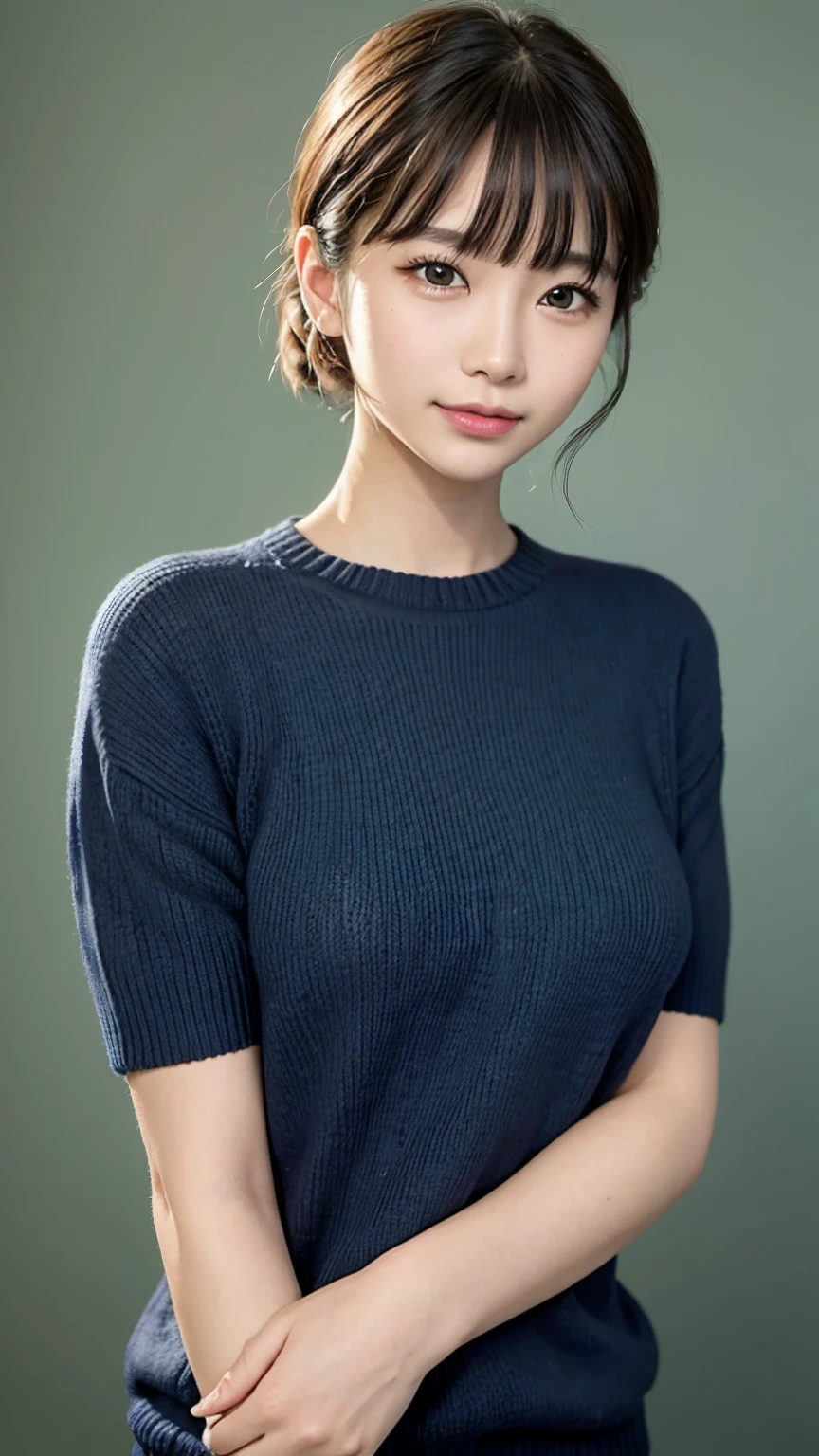 (masterpiece, Best image quality, high quality, High resolution, Realistic:1.2), (Bright lighting, Professional Lighting), (Dark green blank background:1.3), One Woman, Realistic skin, Fine skin, Beautiful Skin, expensive, Muscular body, (Black Hair, Bowl Cut, Eyelash extensions, Beautiful Eyes, black eye, How to draw eyes carefully, Looking at the audience, cute, Embarrassing:1.2), (Lean upper body:1.2), Mortar wall, (Short sleeve navy blue sweater:1.3), A kind smile, I can see your teeth, Portrait
