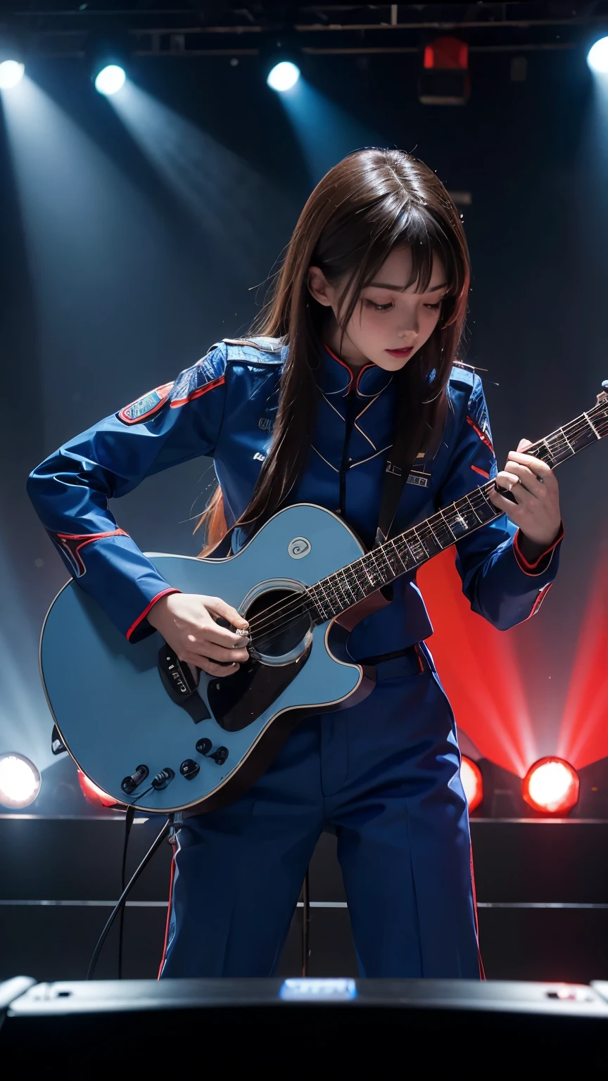 CREATE criar um robot playing guitar, BLUE, RED UNIFORM METALIC, eletronic style, on stage, lights, KEYBOARD. 8K,ON STAGE, UNIQUE UNIVERSE ROBOT