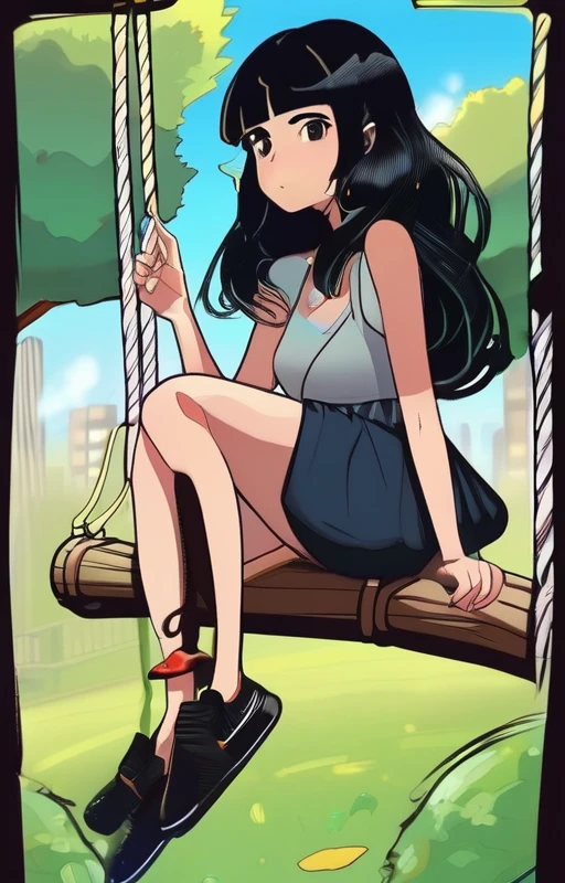 A girl with black hair, sitting on a swing, smoking a cigarette, He&#39;s looking the other way and the weather is cloudy. 