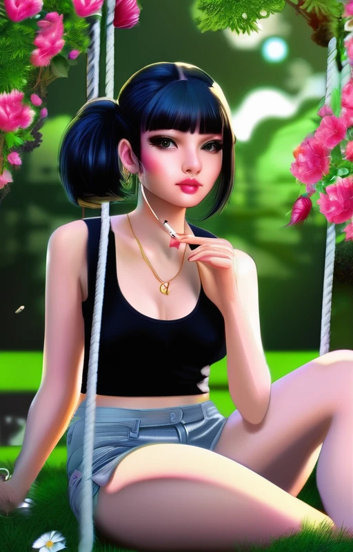 A girl with black hair, sitting on a swing, smoking a cigarette, He's looking the other way and the weather is cloudy.
