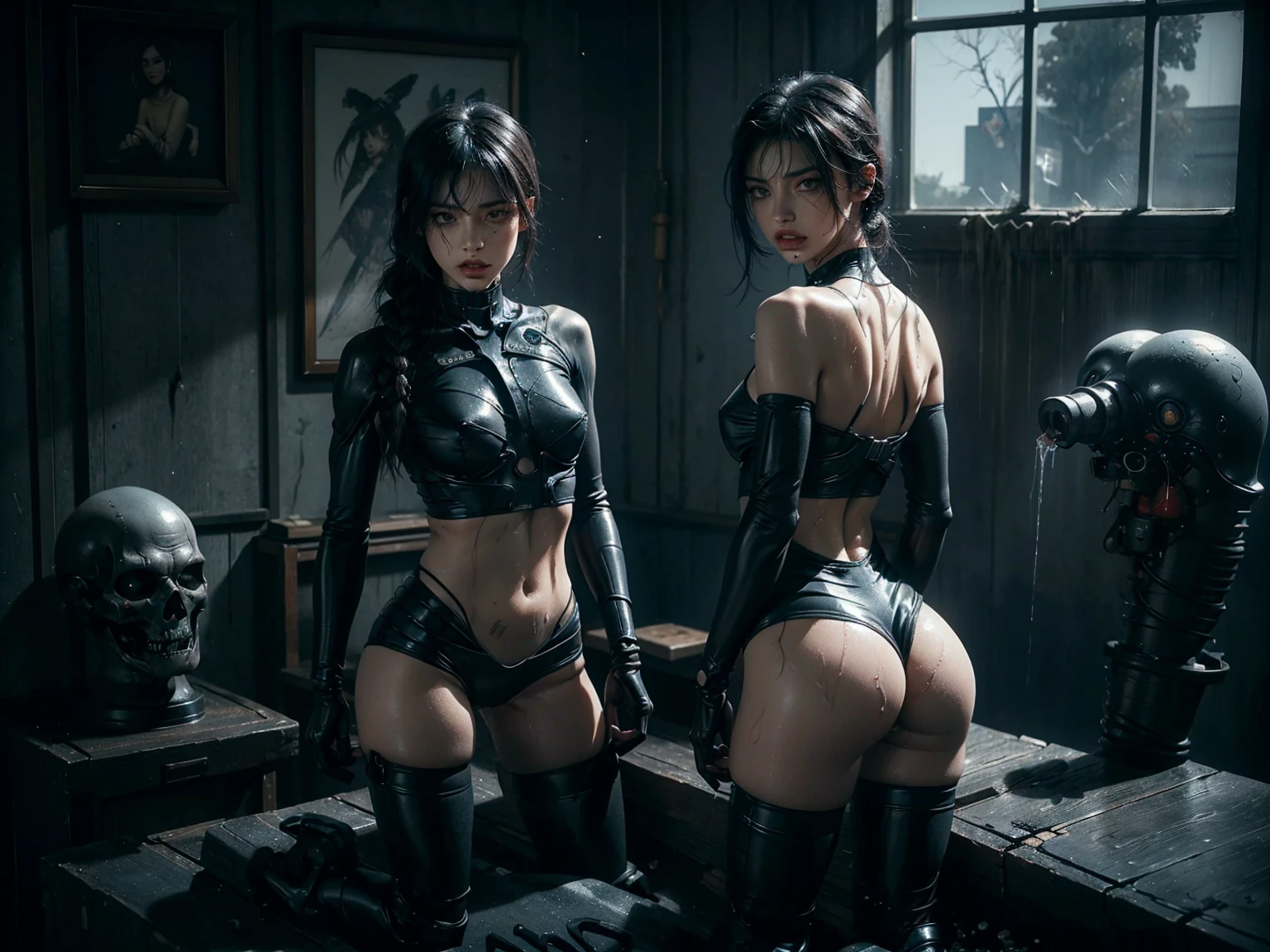 braided ponytails, ((short skirt)) (((Slutty skintight cybernetic Full AI skin and anatomy))), ((slutty braided hair)), ((She is in your bedroom, slutty )), Perfect back view of her tight butt, full body picture, she is a seductive slut, Perfect proportions, she has a perfect Ass... she wants to put your tiny shrunken body deep inside of her pussy, short hair with bangs and ponytails, beautiful horror, domination, death by pussy insertion, skinny sexy and slutty woman, she needs to have your tiny shrunken body deep inside of her pussy.... she wants you to choke inside of her pussy, she is the embodiment of sexual domination and lust, she is perfect, you are her prey, you are about to die inside of her pussy, small tight ass, giantess domination, human sex toy, helpless, she is a giantess and she wants to use your tiny shrunken body as a human dildo..., perfect anatomy, perfect arms and hands, better detail on her eyes... make her eyes look scary and beautiful, perfect sexy and slutty athletic body, perky nipples, wet, white cum, perfect tight butt, black hair, perfect legs and thighs, tight wet pussy, white dripping cum, ((Perfect eyes and face)), ((closed wet full lips)), ((perfect hands and fingers)), ((( a lot of white cum is dripping out of her pussy))), ((she has a very skinny and toned strong body)), ((makeup)), ((freckles)), ((perfect eyebrows)), ((sharper edges)), ((perfect scary grey eyes)), perfect face, slut, sadistic, predatory, better detail on her skin, perfect face and strong jawline, perfect full wet lips, sadistic atmosphere, wet sweaty skin, beautiful intimidating grey eyes, ((beautiful horror)), better lighting, more toned muscles, perfect detail on her intimidating eyes, very tight underwear, ((tight pussy)), (((tighter clothing))), slutty, intense, perfect detail, ((piercings)), better detail on her bellybutton, skinny, skinny and strong, more skin showing, intense, slutty, freckles, long skinny perfect legs, scary and intense, super slutty