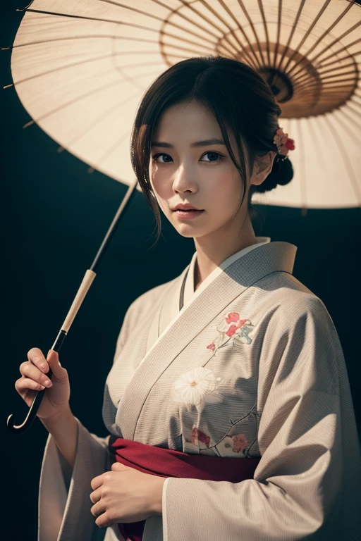 A young Japanese woman in a kimono, posing gracefully with an elegant umbrella. Capture her in a mid-body shot, with smooth and curved lines in the background, reminiscent of Liam Sharp's style. The lighting should be natural and soft, with a focus on brightening the colors and creating a sense of warmth. Her expression should convey intensity yet remain pleasant. The background should feature avant-garde elements, with strong lines and structures that create a visually engaging composition. Aim for a high-resolution image with a cinematic feel, akin to iPhone RAW quality photography. Evoking the character of Eve Ventrue, this image should convey elegance, mystery, and a touch of the supernatural.