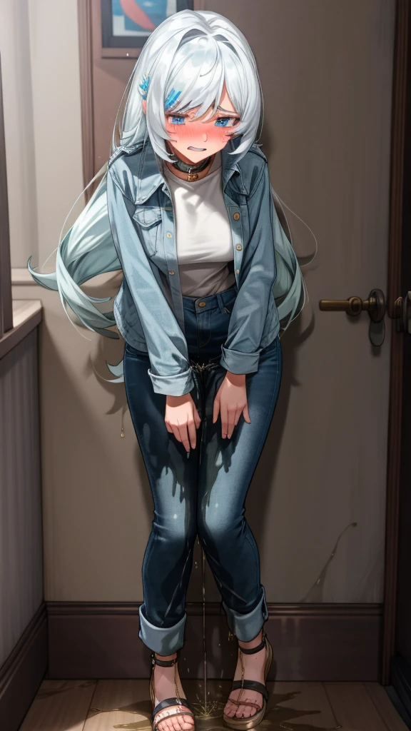 ((best quality, masterpiece:1.3, 8K)), (detailed), highly detailed face and skin texture, detailed eyes, downtown, full body, slender body, 1girl, 25 years old, white skin, blue eyes, worried, embarrassed, long hair, (forehead:0.8), (stylish top:1.2), denim pants, blue jeans, footwear, peeing jeans, peeing pants, pee stain, (wetting herself), desperation,