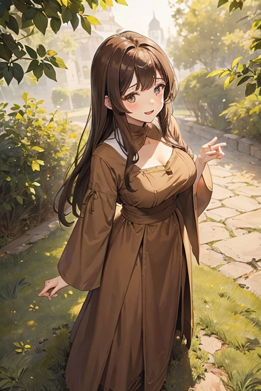 A straight haired brunette adult female standing on the ground, wearing loose brown dress with bishop sleeves, low neckline, medieval, brown hair, large long shaped tits, silly personalty, cute happy demeanor, sunny disposition, deredere,