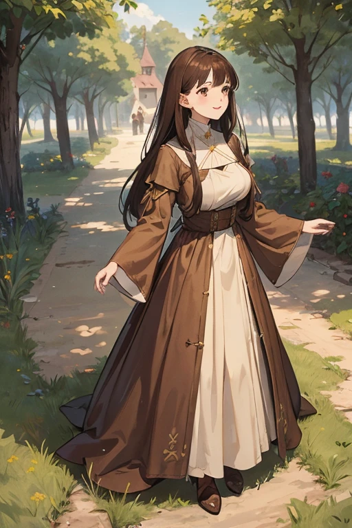 A straight haired brunette adult female standing on the ground, wearing loose brown dress with bishop sleeves, low neckline, medieval, brown hair, large long shaped tits, silly personalty, cute happy demeanor, sunny disposition, deredere,