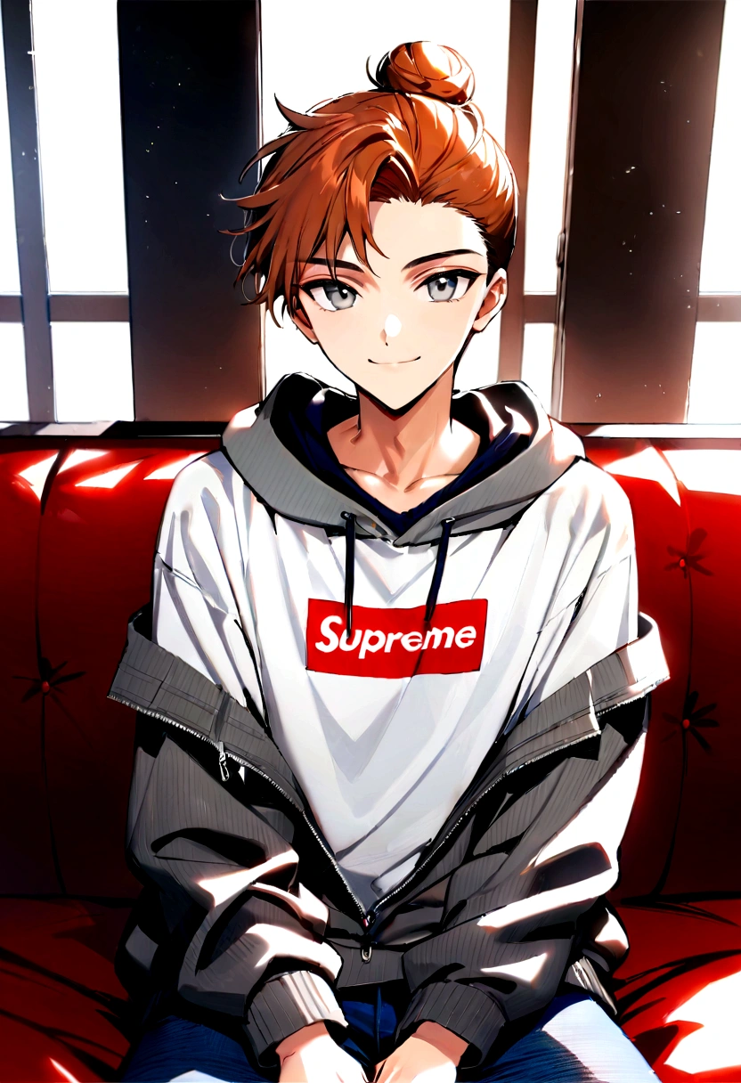 Masterpiece, best quality, 1boy, 16, young teen, male focus, male, dark orange hair, manbun, grey eyes, male eyes, grey corduroy hoodie, white t-shirt, blue jeans, deep blue necklace, upper body, relaxed, looking at viewer, relaxed smile, very aesthetic, 