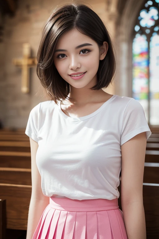 (a beautiful lady, age 22, casual white T-shirt and hot pink pleated mini-skirt, just chilling
in church, magnificent sun rays give hope, alluring Jaw, irresistible lips, dimpled smile, playful expression, cute snaggle-tooth, short hairstyle, beautiful detailed face, beautiful detailed eyes, ample round bosom, photorealistic, hyper-realism, high contrast, ultra HD, realistic skin textures, top image quality, top-quality, super high resolution, fine details, very meticulously, masterpiece, head to thighs, the Cowboy shot, romantic atmosphere, bokeh background)