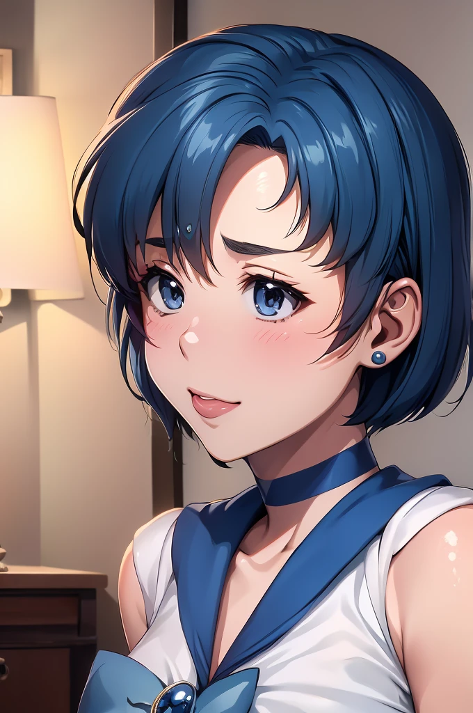 (only, One girl), (Absurd, High resolution, formula wallpaper, Poster), (masterpiece, Best Quality:1.2), (figure, Realist), (Perfect details, Most detailed, Very detailed), Dramatic Light, Ami Mizuno, (Sailor Mercury, Neck tape, Blue Hair, short hair, ring, gem, Half moon earrings), (city, Starry Sky), (White thighs, ,Captivating smile, blush, Are standing) (dress, skirt), Huge breasts, blush, On the bed