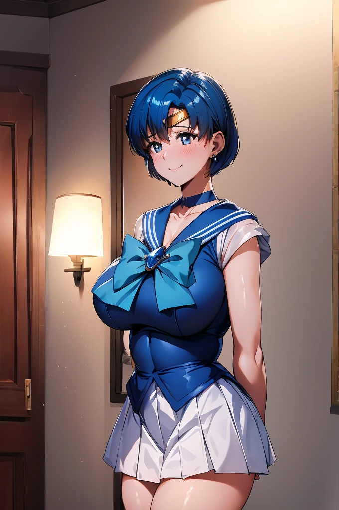 (only, One girl), (Absurd, High resolution, formula wallpaper, Poster), (masterpiece, Best Quality:1.2), (figure, Realist), (Perfect details, Most detailed, Very detailed), Dramatic Light, Ami Mizuno, (Sailor Mercury, Neck tape, Blue Hair, short hair, ring, gem, Half moon earrings), (city, Starry Sky), (White thighs, ,Captivating smile, blush, Are standing) (dress, skirt), Huge breasts, blush, On the bed