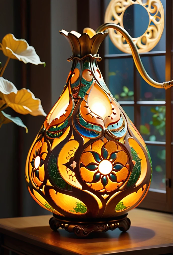 Gourd lamp. A lamp in the shape of a gourd. Delicate design. Beautiful luster. Shapes of the moon, sun, and are carved out. When lit, beautiful patterns emerge. Relaxing. Three-dimensional, colorful、Delicate and beautiful curves,


