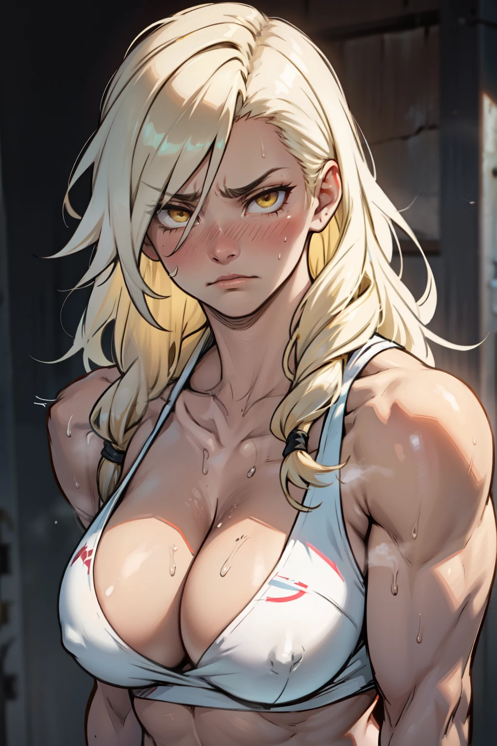 muscular yellow eyes pale skin girl sad cleavage breasts blushing frown sweaty long straight hair long straight hair large breasts