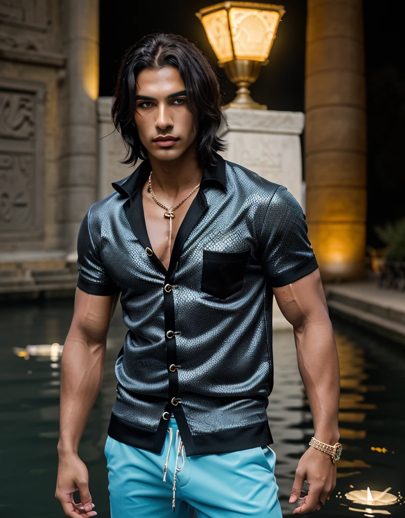 (masterpiece) (highest quality) detailed (((luminescent glowing))) mysterious ancient egyptian god as a ((clothed)) muscular man with (dark tan) in light grey and light blue designer ((((clothes)))) with fishscale pattern, fashion, men's fashion, haute couture, man, dark tan, male model, lotus pond, (Nile river), magic