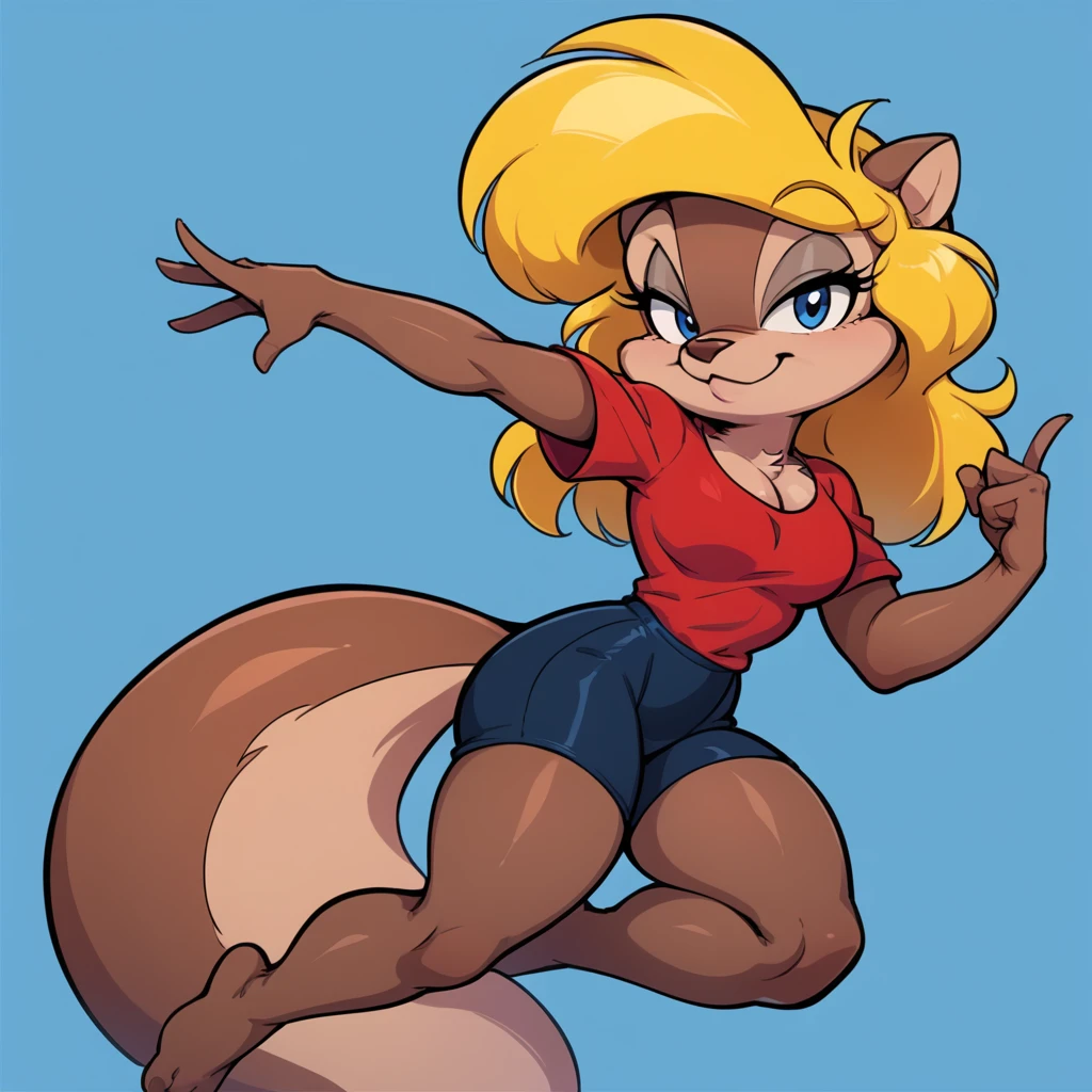 score_9, score_8_up, score_7_up, score_6_up, score_5_up, score_4_up, (Source furry),  1girl, solo, looking at viewer, smile, blue eyes, blue background, shirt, blue background, animal ears, cleavage, medium breasts, closed mouth, falling down into a black hole, tail, full thick body, barefoot, furry, cyberworld environment, posing a pin up pose, black swimming shorts, has thick thighs, red shirt, animal nose, snout, amy squirrel , blonde hair, long hair, two tone fur, brown fur, furry female, body fur 