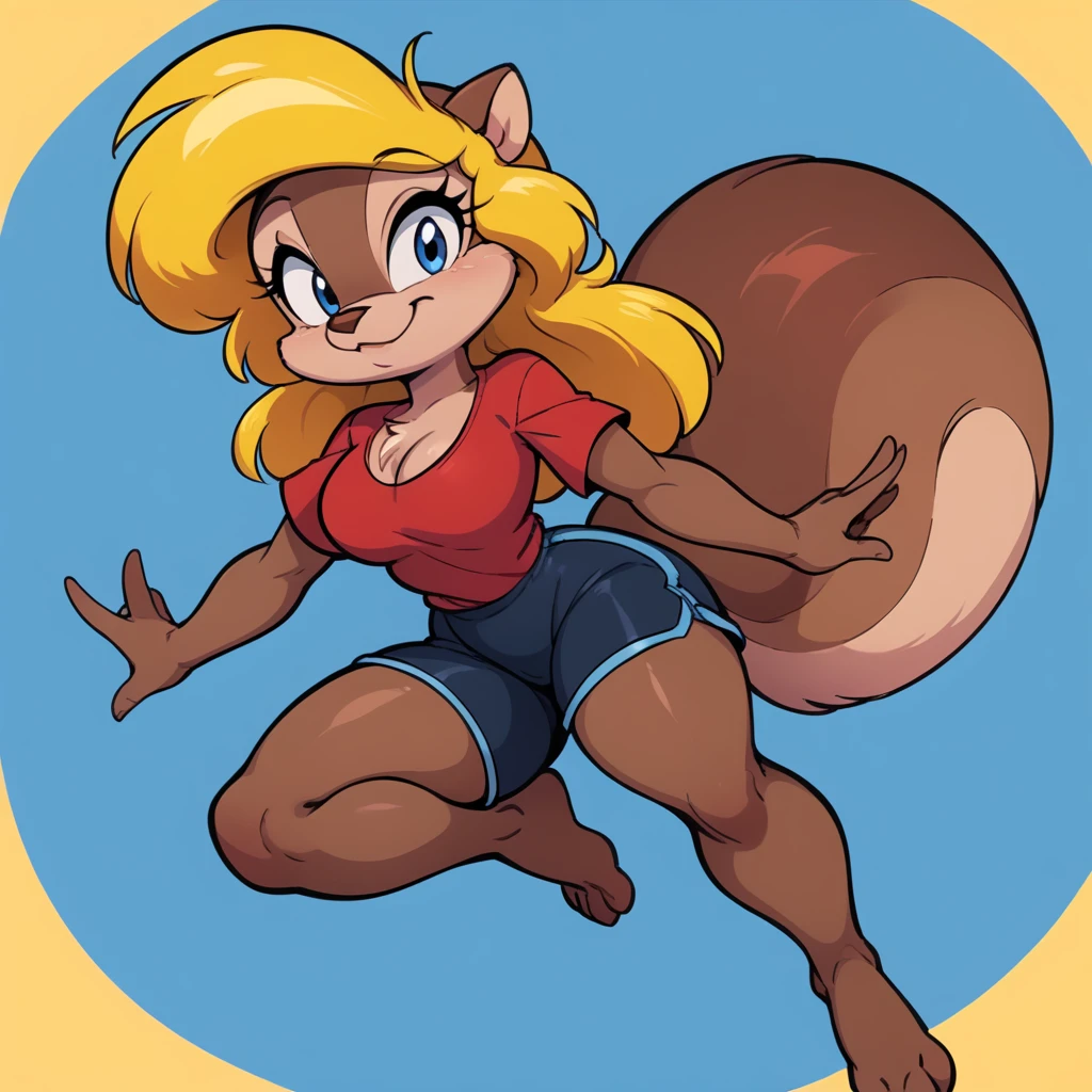 score_9, score_8_up, score_7_up, score_6_up, score_5_up, score_4_up, (Source furry), 1girl, solo, looking at viewer, smile, blue eyes, blue background, shirt, blue background, animal ears, cleavage, medium breasts, closed mouth, falling down into a black hole, tail, full thick body, barefoot, furry, cyberworld environment, posing a pin up pose, black swimming shorts, has thick thighs, red shirt, animal nose, snout, amy squirrel , blonde hair, long hair, two tone fur, brown fur, furry female, body fur