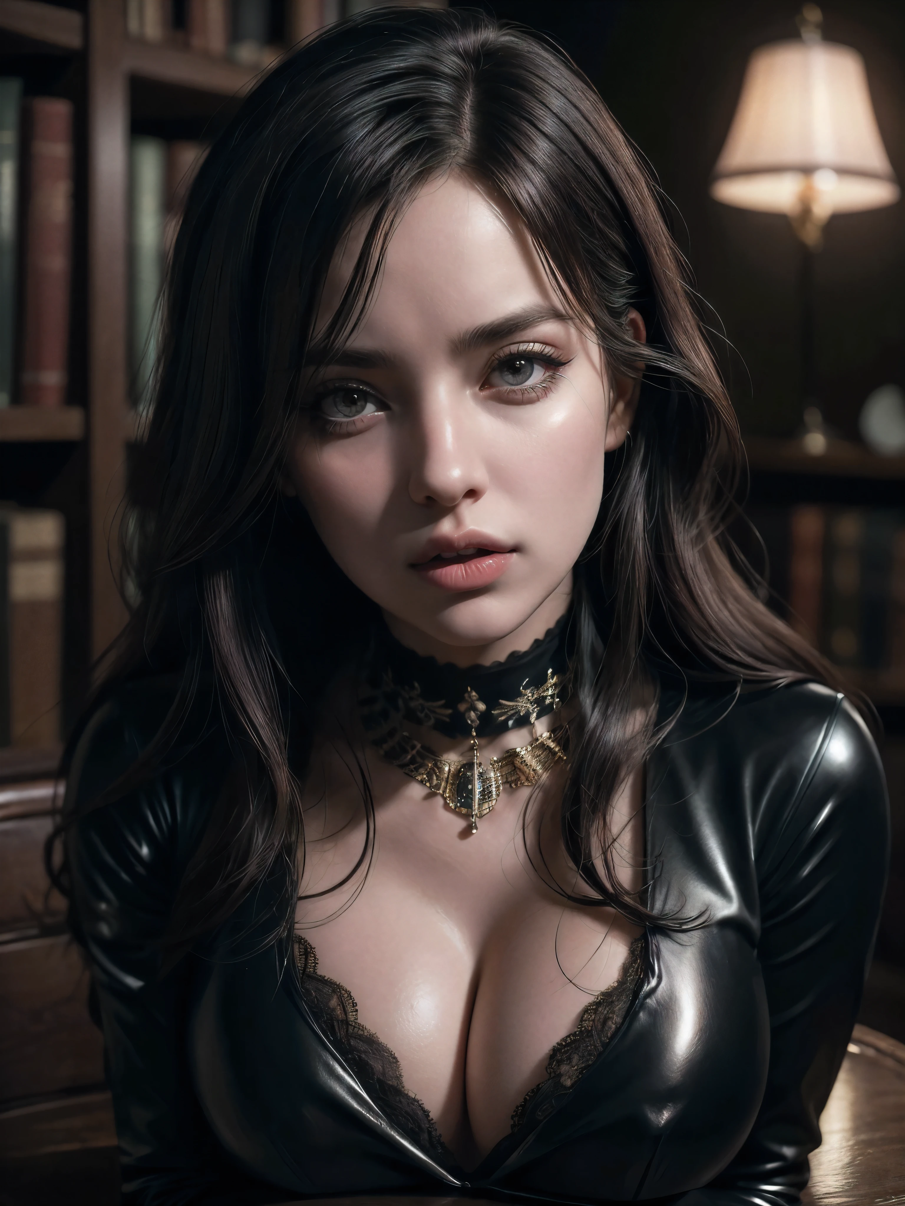 1 GIRL, solo,a beautiful milf with huge breasts, wearing round glasses, sitting on a table in a library, wearing tight black latex stockings that dig into her juicy thighs, wearing a choker collar that strongly compresses her neck, her tongue sticking out and eyes rolled up, (best quality,4k,8k,highres,masterpiece:1.2),ultra-detailed,(realistic,photorealistic,photo-realistic:1.37),detailed eyes,detailed lips,extremely detailed face,long eyelashes,elegant mature woman,seductive pose,intense expression,chiaroscuro lighting,moody atmosphere,dramatic shadows,rich colors,cinematic,portrait