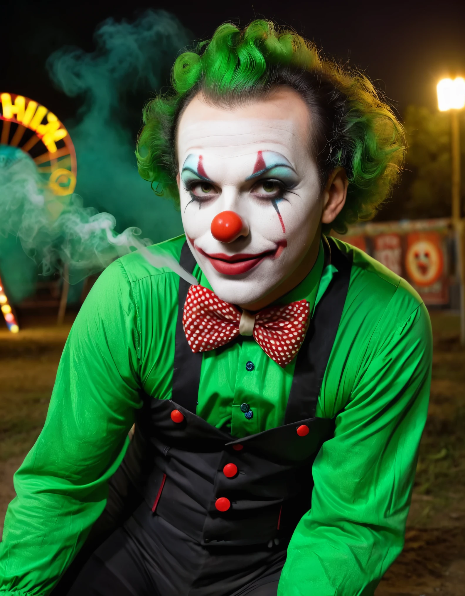 A 1950s-style clown with retro horror makeup, green toxic smoke rising from his face, and classic horror attire. The background is a dark, abandoned carnival.