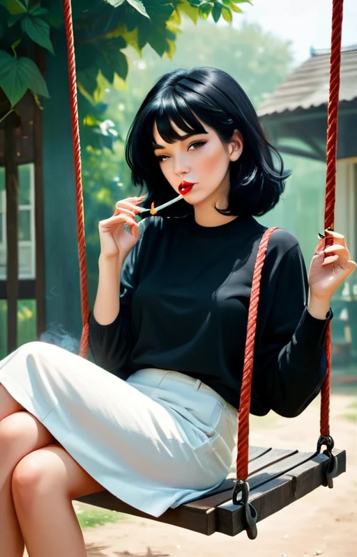 A girl with black hair, sitting on a swing, smoking a cigarette, He&#39;s looking the other way and the weather is cloudy. 