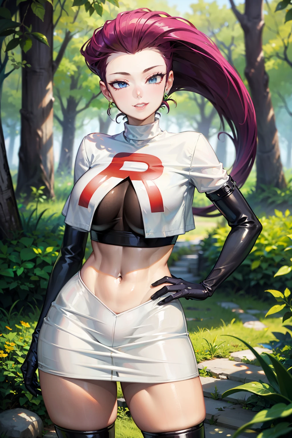 (Masterpiece), Best Quality, ultra-detailed, 1girl (jessie pokemon,Slender and sexy body, Big and pretty breasts, hair slicked back, long hair,purple hair,blue eyes, half-closed eyes), wicked smile, parted lips, facing viewer, looking at viewer, solo,
team rocket ,team rocket uniform ,white skirt,crop top,thighhighs,elbow gloves, in the forest, standing, Sexy waist teasing